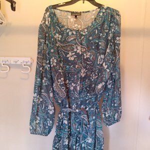 Lane Bryant Sheer Green Floral Paisley Belted Button Front Dress